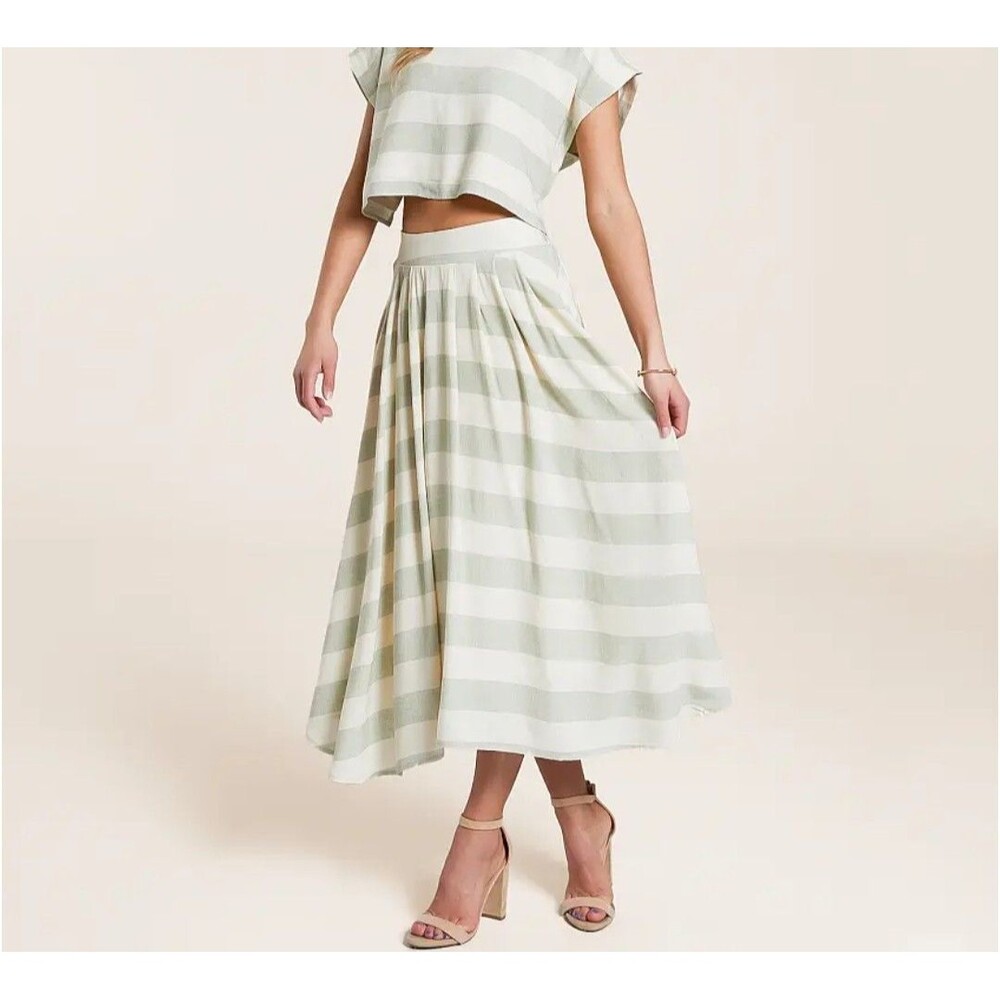 NWT Midi Pull On Skirt Sz Medium Bohemian Boho Striped Green Cream Blu Pepper